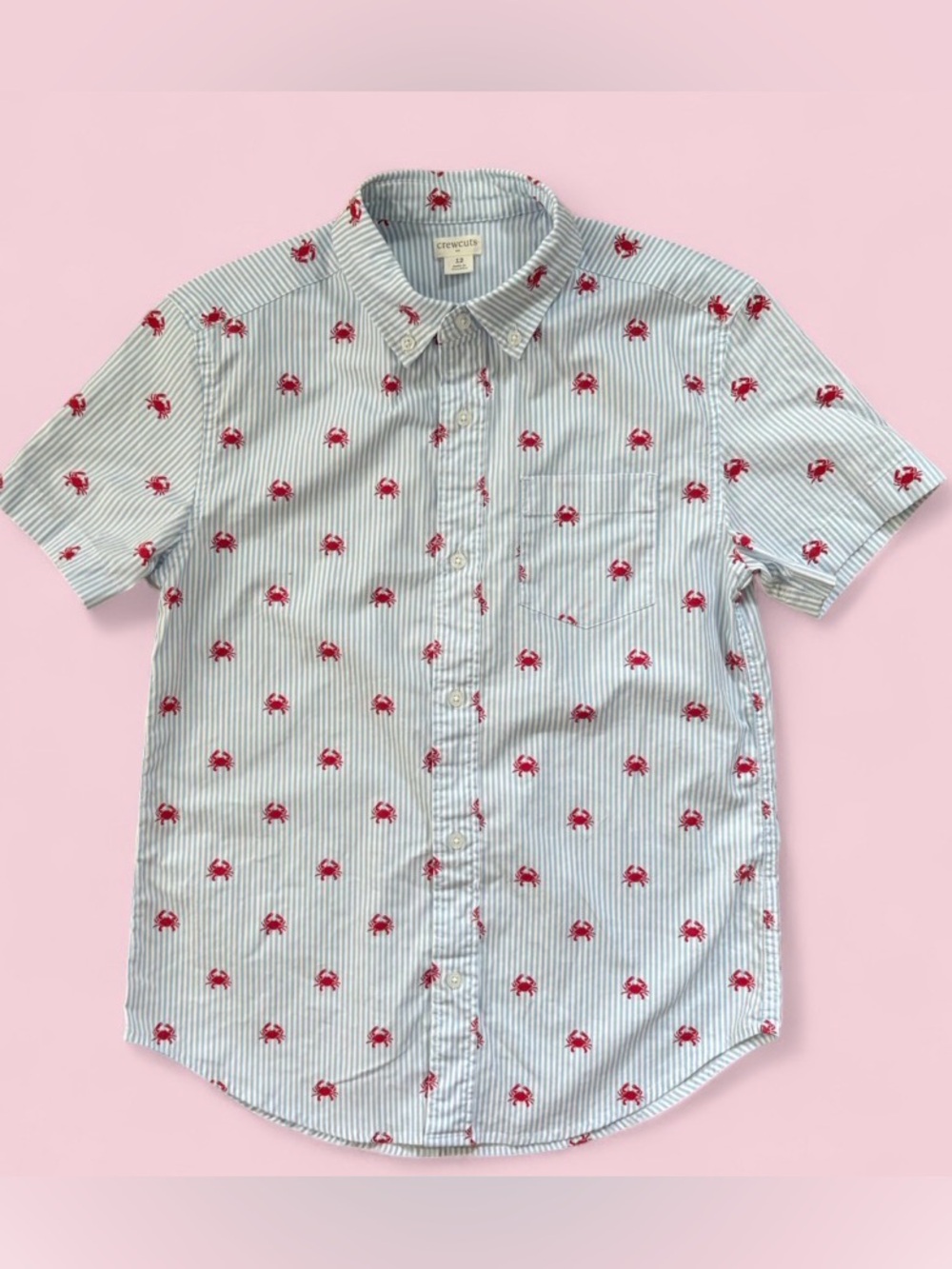 Crewcuts Boys Light Blue & White Striped Crab Button Up Shirt Size 12